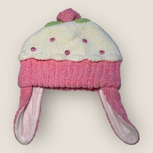 Infant Toddler Cupcake Ear Flap Beanie Hat 12-24 Mos Pink & White